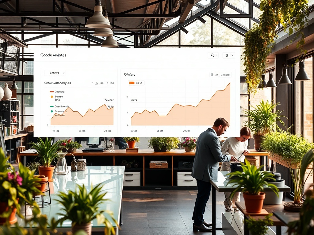На изображении офис с растениями, мужчины обсуждают данные из Google Analytics на большом экране.