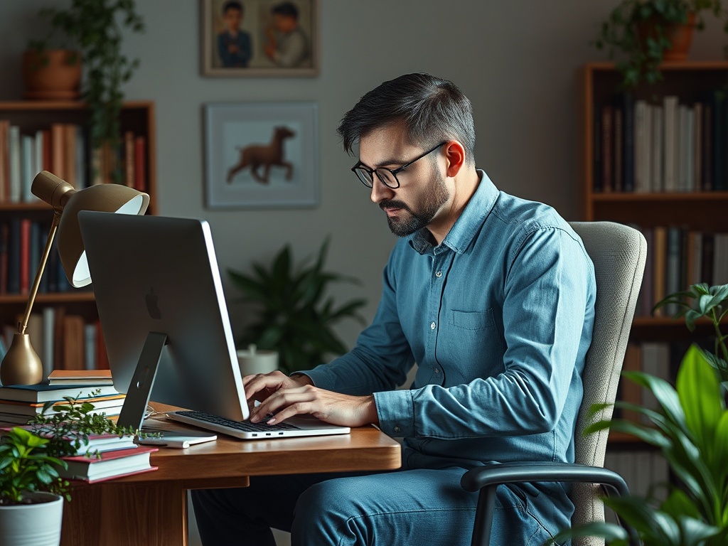 Мужчина работает за компьютером в уютном офисе с книгами и растениями вокруг.