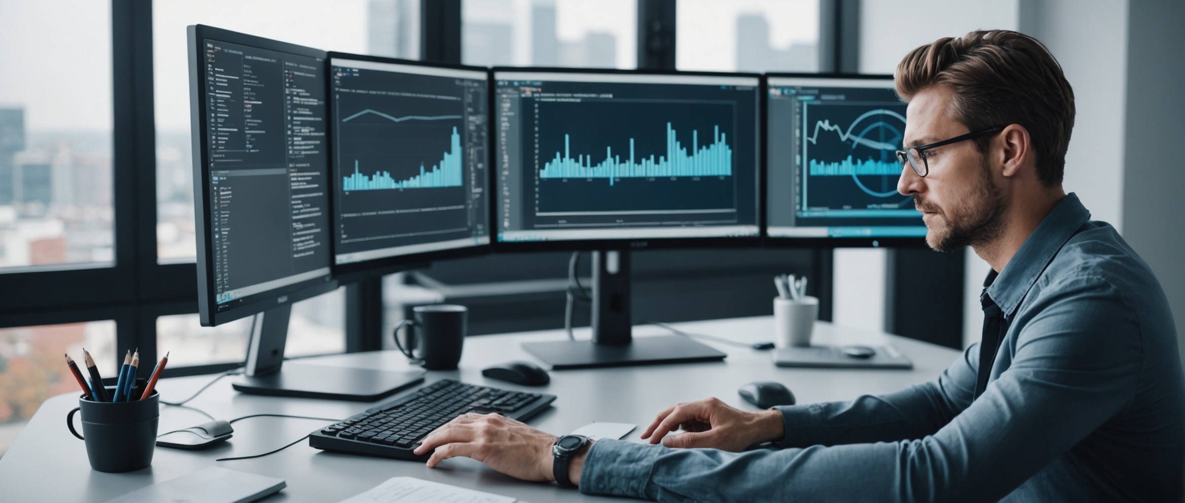Мужчина в офисе анализирует данные на множестве мониторов с графиками.