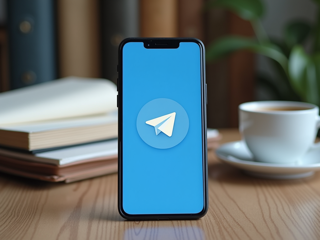 На экране телефона отображается логотип приложения Telegram на синем фоне. На фоне видна чашка кофе.