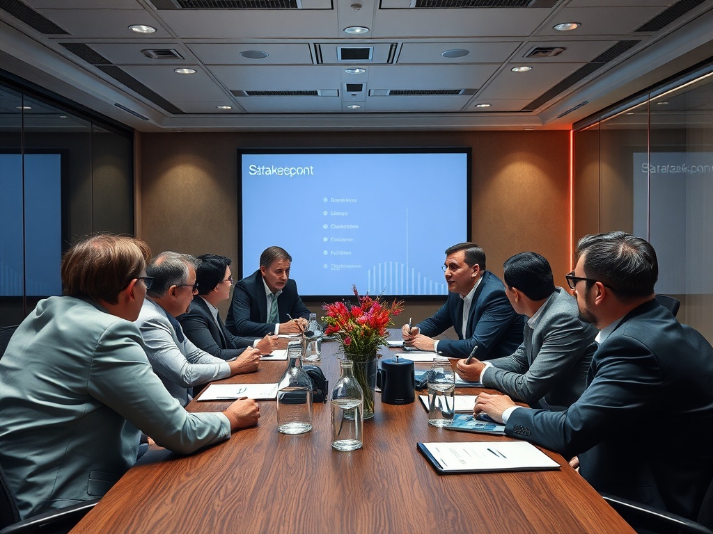 На собрании в конференц-зале обсуждаются проекты и стратегии. Участники сосредоточены на экране.