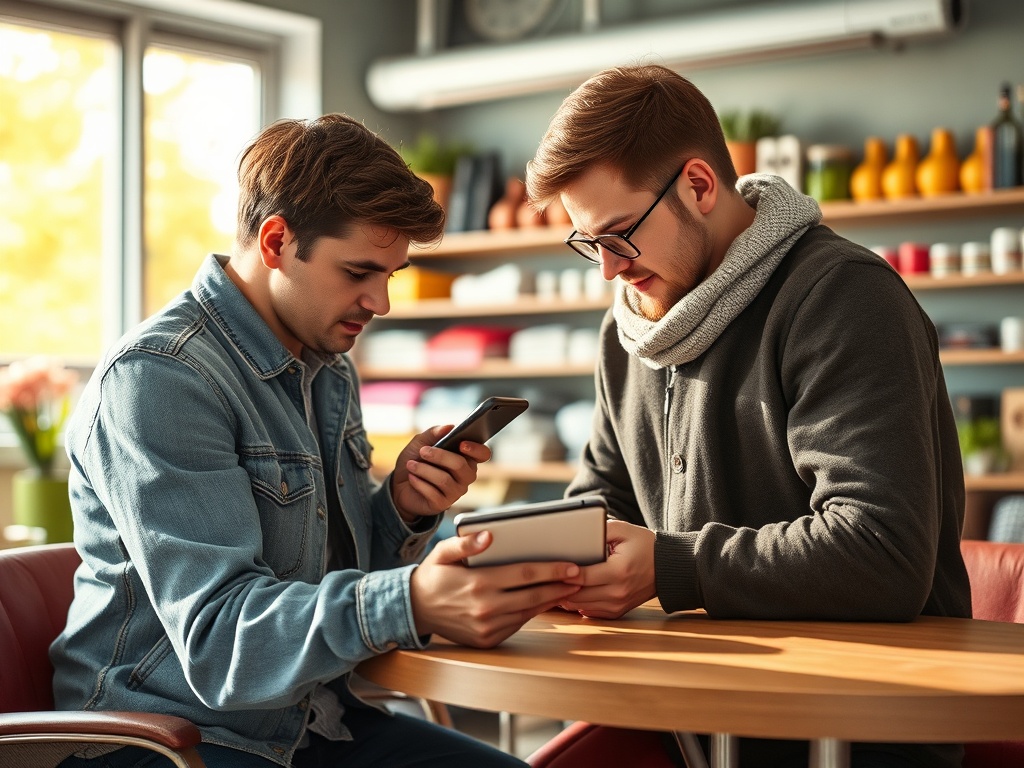Два молодых человека сидят в кафе и смотрят на свои смартфоны и планшет. Осень за окном.