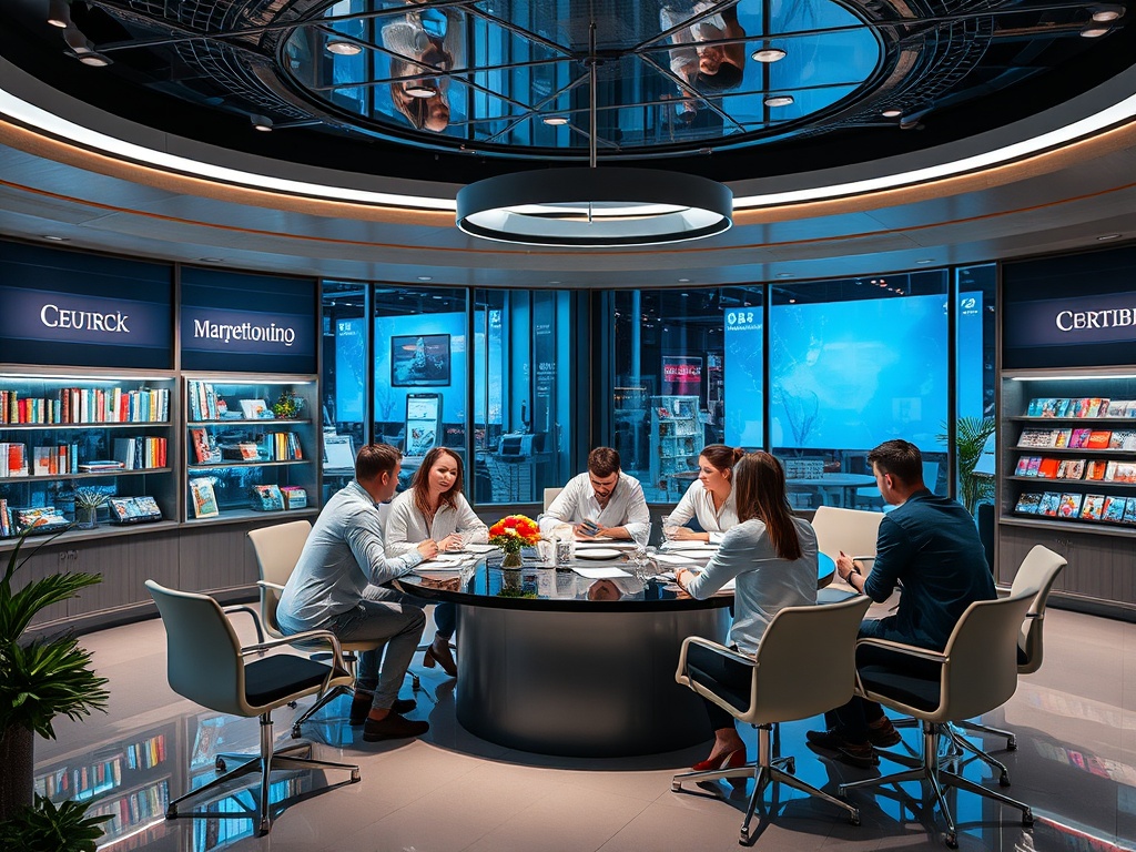 На изображении группа людей обсуждает идеи за круглым столом в современном офисе с книжными полками.