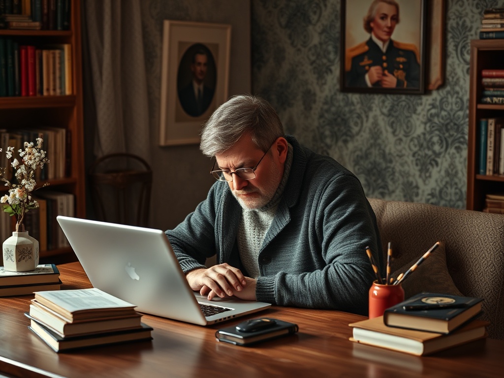 Пожилой человек работает за компьютером в уютном кабинете, окруженный книгами и предметами декора.