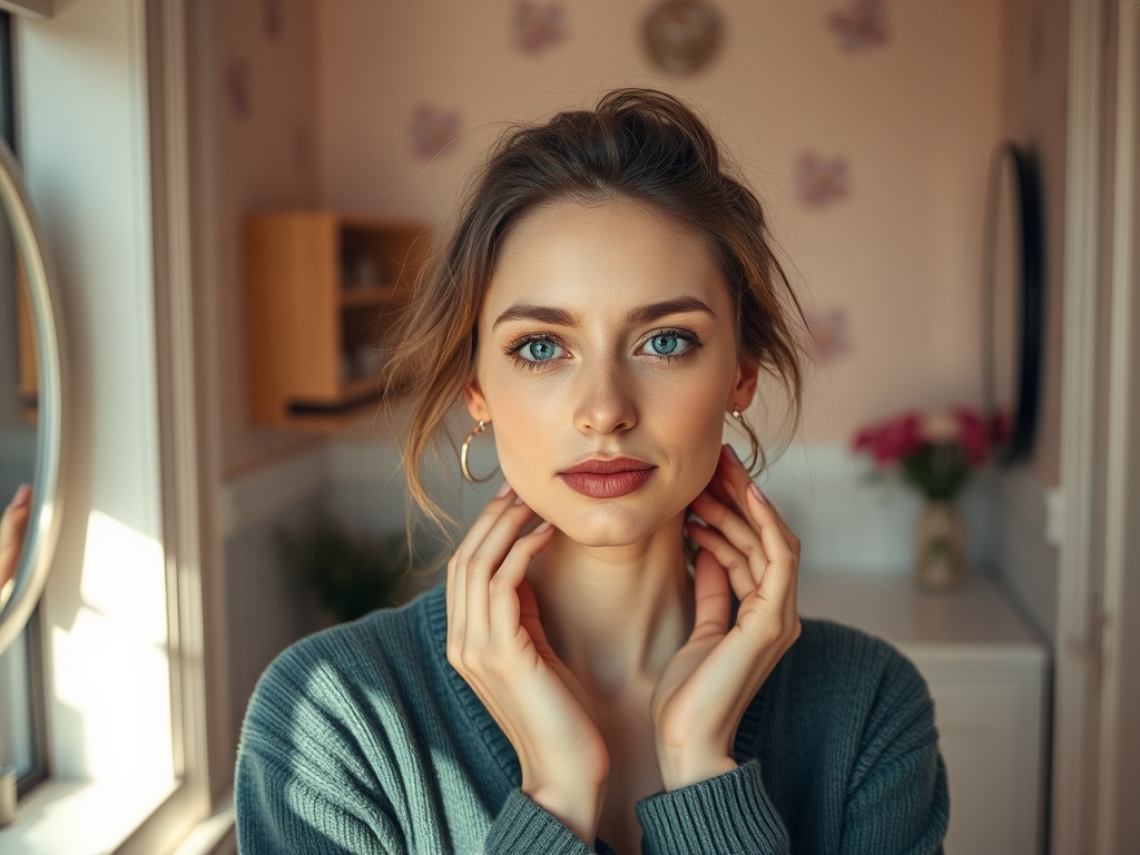 Молодая женщина с голубыми глазами и светлыми волосами, улыбается, задумчиво прикоснувшись к лицу.