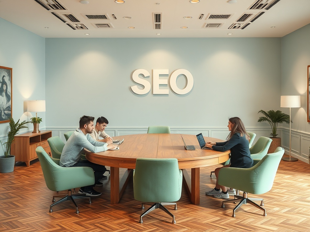 В современном конференц-зале четыре человека обсуждают стратегию SEO за круглым столом.