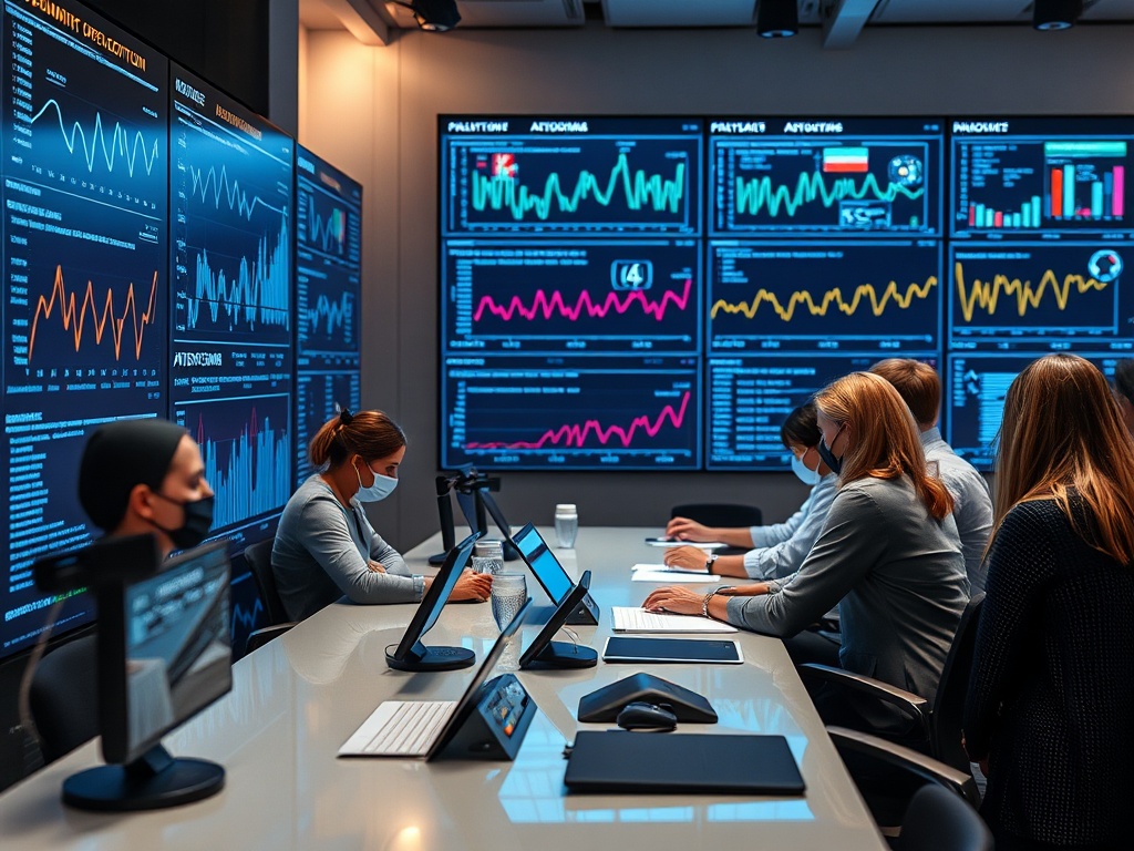 Современный конференц-зал с графиками и диagramaми. Люди в масках обсуждают данные на экранах.