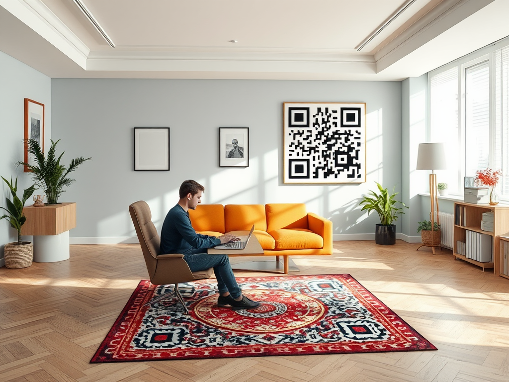 Современный интерьер: человек работает за ноутбуком, яркий диван и QR-код на стене. Профессиональная обстановка.