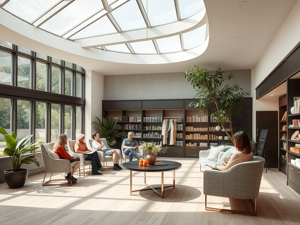 Светлое помещение с большими окнами, люди сидят на креслах и обсуждают что-то в уютной обстановке.