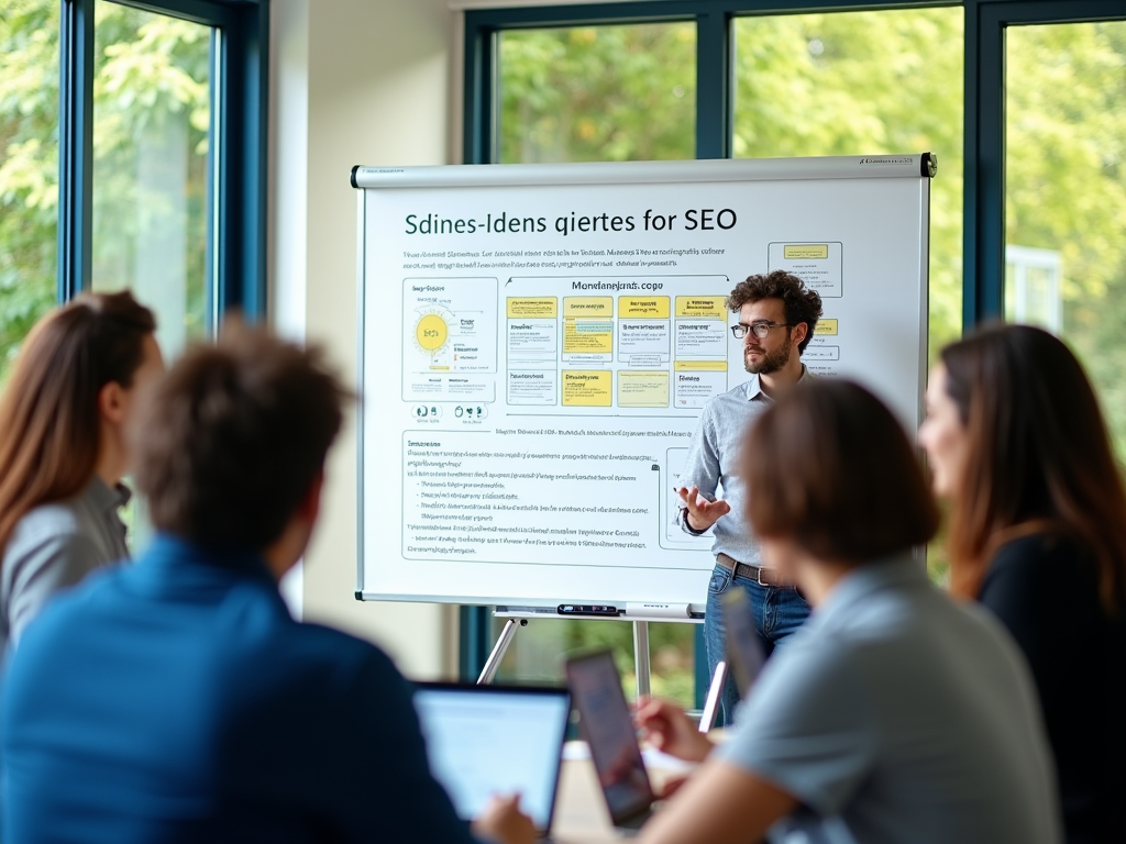 Мужчина проводит презентацию на тему SEO для группы слушателей в светлом офисе.